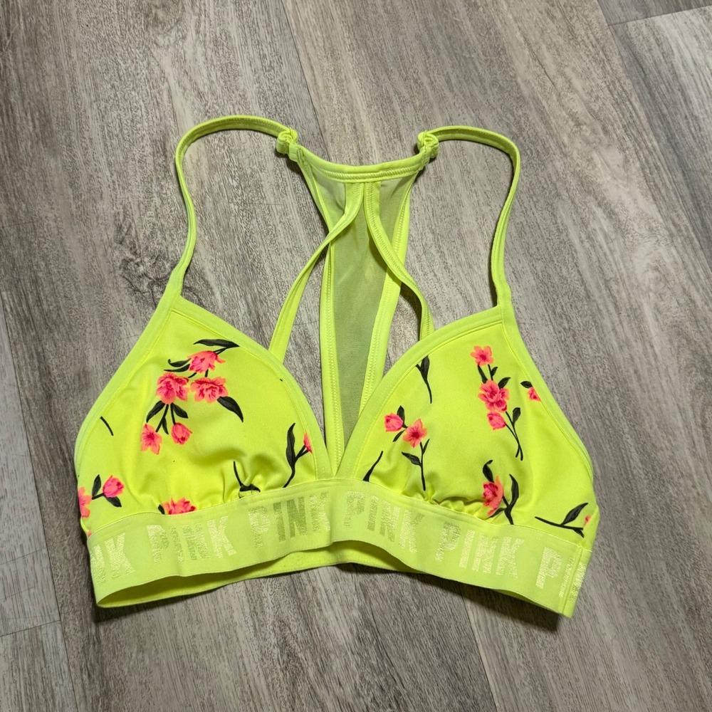Victoria's Secret PINK Sport Neon Yellow Floral Bralette Racerback Small S